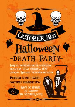 Halloween holiday night party celebration poster. Horror skull and witch hat invitation banner with Halloween pumpkin lantern, ghost and spooky skeleton or grim reaper with death scythe and coffin