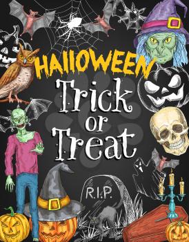 Halloween trick or treat holiday celebration sketch poster design. Vector Halloween zombie monster and skeleton skull, pumpkin lantern or witch and spooky ghost, tomb stone on grave and black bats