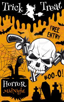 Halloween trick or treat night party poster template. Spooky skeleton skull, witch on broom and bat, creepy graveyard with spider web and zombie banner for Halloween holiday invitation flyer design