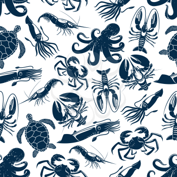 Seafood and sea animals seamless pattern. Vector ocean turtle, octopus or lobster and crab, squid cuttlefish or shrimp and prawn, oyster and mussels or crayfish for seafood design backdrop