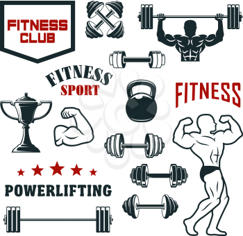 Fitness sport club, gym and bodybuilding vector icon set. Weight exercises symbol with bodybuilder, dumbbell, barbell and kettlebell, winner cup or trophy, star and ribbon for sporting emblem design