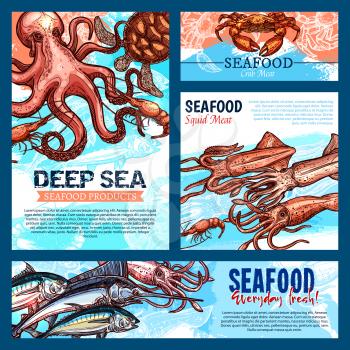 Seafood and fish food products banners or posters templates. Vector design of fresh fishing catch octopus, salmon or tuna and prawn shrimps, lobster crab or marlin and salmon or squid and turtle