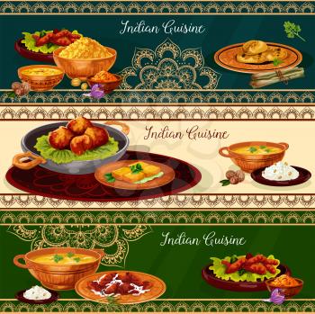 Indian cuisine spicy lunch dishes banner set. Rice curry with vegetable, chicken and fish, meat pilau, prawn seafood soup, bread with herbs, fried feta cheese, lentil corn soup and nut cookie
