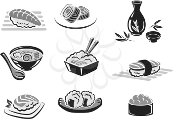 Sushi rolls and Japanese seafood dishes vector icons. Isolated symbols of sushi rolls with shrimp, fish tempura roll and caviar, sashimi and steamed rice and soy sauce for sea food restaurant
