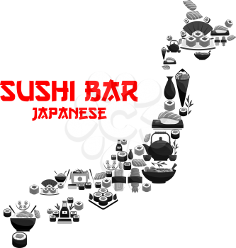 Japanese food in map of Japan with seafood sushi. Salmon roll, fish sashimi, seafood rice, noodle soup, temaki and nigiri sushi with shrimp and caviar, soy sauce, sake in shape of Japan islands