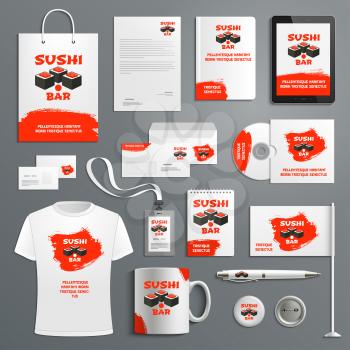 Sushi Japanese restaurant corporate identity templates of supplies for copmany branding. Vector isolated set of t-shirt apparel, business card, stationery and promo flag, mug and blank or paper bag