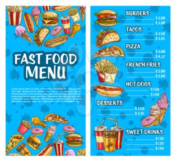 Fast food burger and drink menu sketch banner set. Fastfood hamburger, pizza, hot dog, fries, chicken taco, soda, donut, coffee, ice cream and popcorn dishes list layout with price for poster design