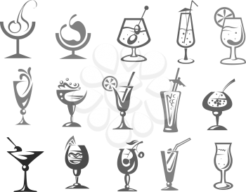 Cocktails and alcohol drinks in glasses vector icons. Isolated symbols of rum, mojito with olive or cherry, iced tea, whiskey and champagne, gin tonic and vodka shot for cocktail party or bar menu