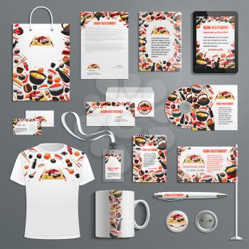 Japanese cuisine or Asian sushi restaurant advertising promo item branding templates. Vector branded apparel and office stationery set of t-shirt apparel, business card, flag, mug cup and paper bag