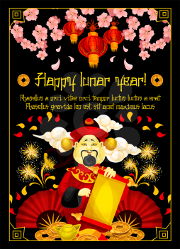 Happy Lunar New Year greeting card of Chinese New Year holiday design. God of prosperity with parchment, golden coin and gold ingot banner, adorned by oriental lantern, fan, firework and plum blossom