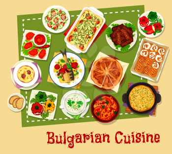 Bulgarian cuisine restaurant menu icon. Vegetable salad and casserole, cheese and potato pie, stuffed pepper, grilled meat, baked fish with tomato, yogurt soup, chicken vegetable stew, bun with cream