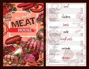 Meat house restaurant menu template with prices for delicatessen dishes and sausage food. Vector sketch design of pork ham or bacon, grill chicken and barbecue beef steak or lamb brisket salad