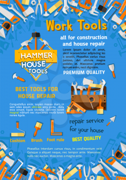 House construction or home repair work tools poster of woodwork grinder, carpentry and house renovation hammer, drill and saw. Vector handyman toolbox of plaster trowel and paint brush in toolbox