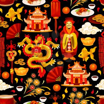 Chinese Lunar New Year holidays seamless pattern background. Oriental lantern, god of prosperity and golden dragon, Spring Festival pagoda, fortune coin and firework, festive food and gold ingot