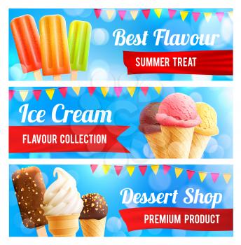 Ice cream 3d summer dessert banner set. Chocolate covered and vanilla ice cream cone, fruit popsicle on stick with ribbon banner and flag for ice cream shop flyer, cafe menu design