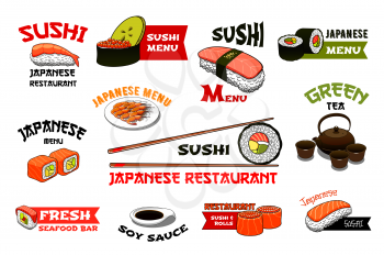 Sushi icons for Japanese restaurant menu. Vector set sushi roll, vegetable guncan or salmon maki and tuna sashimi, eel nigiri or seafood noodles and tempura shrimp prawn on rice and chopsticks
