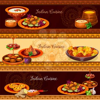 Indian cuisine traditional food for lunch banner set. Chicken curry with vegetable, potato pie samosa, rice pudding with nuts, yogurt tomato sauce, semolina cake, mushroom stew, fried milk pastry