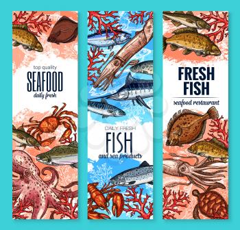 Seafood and fresh fish product banners of marlin, octopus or squid and bream, anchovy or trout and fisherman catch flounder or shrimp and lobster crab. Vector sketch design for sea food market
