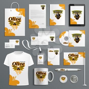 Corporate identity template for olive farm product design. Olive tree leaf with black olive fruit and oil drop branding layout for business card, letterhead, folder and brochure cover, cup and t-shirt