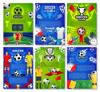 Soccer sport club poster set with football team player. Soccer ball with winner trophy cup on football stadium field banner design, decorated with flag, ribbon, champion wreath and referee card design