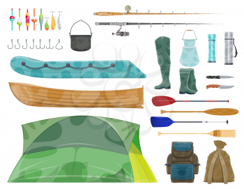 Fishing sport equipment and gear icon. Fishing rod, hook, bait and boat, fisherman tackle, reel, lure and net, boot, knife, tent and backpack cartoon symbol for hobby and recreation activity design