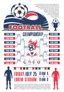 Football championship cup schedule banner template. List of soccer sport match poster, decorated with football team player, ball and stadium, winner trophy cup and star for soccer competition design