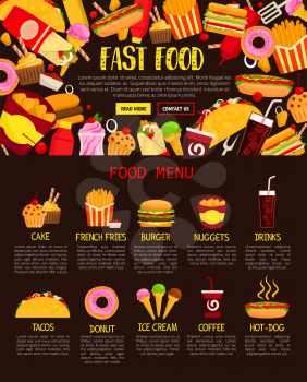 Fast food menu template of lunch meal and drinks. Burger, hot dog and fries, chicken nuggets, donut, soda and coffee, ice cream, cake, taco and burrito frame for fast food restaurant web banner design