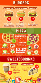 Fast food lunch menu banner template with ingredient and price. Hamburger, cheeseburger and pizza with toppings, coffee, soda, donut and cake dessert for fast food restaurant advertising flyer design