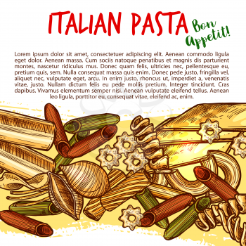 Italian pasta sketch poster with assortment of macaroni shapes. Spaghetti, penne, fusilli and rigatoni, lasagna, conchiglie and stelline pasta types for food packaging or mediterranean menu design