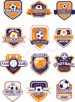 Football sport club shield badge for soccer championship of college league. Soccer ball heraldic symbol, adorned with champion laurel wreath, ribbon banner and star for football team emblem design