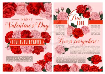 Valentine Day greeting card or poster for 14 February love holiday. Vector retro design template for Happy Valentine day of floral pattern and flowers bouquet of red and pink roses blossoms