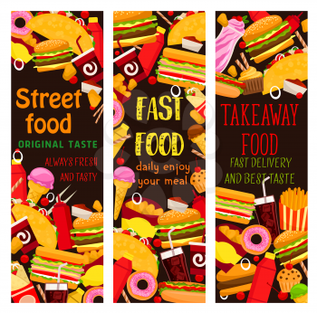 Fast food restaurant banner with takeaway lunch meal. Hamburger, hot dog and cheese sandwich, fries, chicken and donut, coffee, soda and ice cream, taco and burrito for menu cover or flyer design