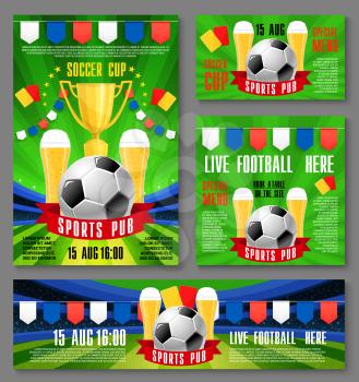 Sport pub invitation banner for football championship match event template. Soccer ball and beer on football stadium field with ribbon banner, flag and referee card for sport bar ticket design