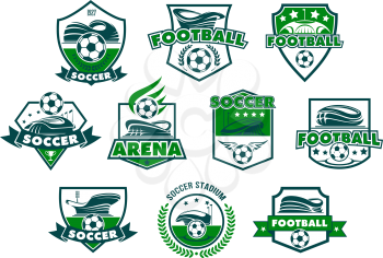 Soccer sport club badge with football stadium. Soccer ball, sporting arena and winner trophy cup heraldic shield with ribbon banner, wreath and star for football championship or team emblem design