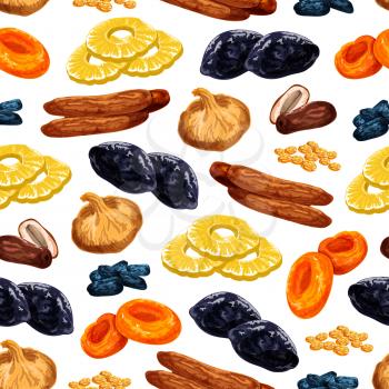 Dried fruits seamless pattern of sweet dry fruit snacks. Vector tile of dried raisins, prunes or apricot and dates or sweet figs, pineapple or cherry and desserts for fruit shop or market design