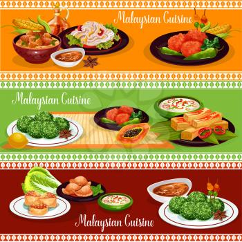 Malaysian cuisine restaurant banner of exotic asian dishes. Rice nasi lemak, served with vegetable and chilli sauce, chicken stew and meat pie, fried prawn pancake, rice coconut dessert and bean salad