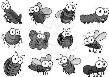 Insect cartoon character set. Butterfly, bug, bee, caterpillar, fly and ladybug, spider, mosquito, wasp and ant, bumblebee, dragonfly, grasshopper and hornet for childish book or t-shirt print design