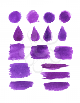 Watercolor brush stroke set. Violet paint brushstroke, round stain and drop shaped splatter with grunge texture for art themes design