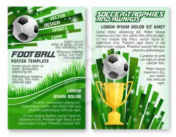 Soccer ball and trophy banner for football sport game template. Golden winner cup with ball on green grass field of soccer stadium for football sport club award information poster design