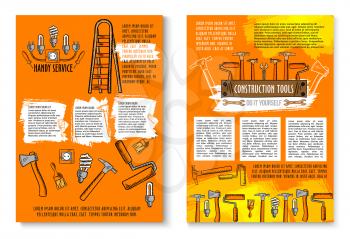 Handy service posters of work tools for house repair, carpentry and electricity. Vector sketch electrician ladder, plug socket and lamps, construction drill, saw or hammer and woodwork grinder