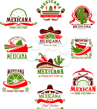 Mexican restaurant sign with pepper and sombrero. Spicy chili salsa and tomato sauce, taco, tequila and lime icon, decorated with cactus and maracas for mexican cuisine menu design