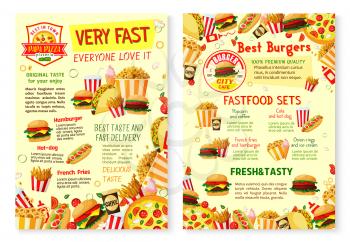 Fast food restaurant poster with burger, sandwich and drink menu template. Hamburger, hot dog and pizza, french fries, coffee and soda, taco, ice cream and popcorn banner with fast food ingredients