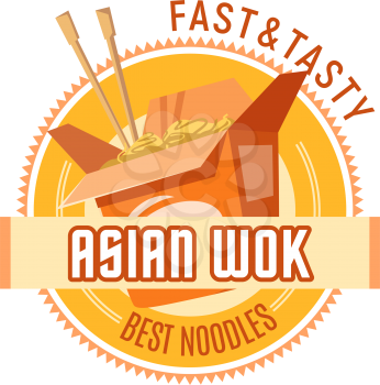 Asian noodles restaurant or Chinese wok cuisine cafe and fast food icon design template. Vector isolated symbol of Japanese or Korean ramen noodle box with chopsticks for Asia fastfood bistro menu