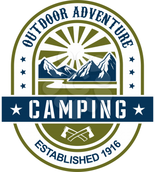 Camping outdoor adventure or scout hiking journey club icon template of mountain or forest and crossed axes with ribbon and star. Vector isolated badge for camping sport club or nature exploration