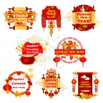 Happy Chinese New Year greeting icons of traditional China holiday celebration symbols and decorations. Vector Chinese dragon on hieroglyph wish scroll, red lanterns and golden coins on knot ornament