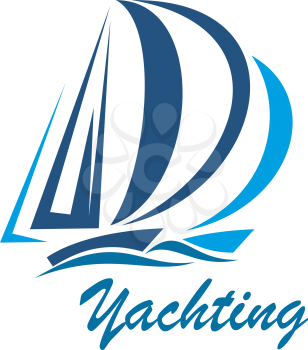 Yachting icon of yacht or sailboat on sea waves for sport club or marine travel adventure. Vector blue yacht on sails for ocean cruise journey trip or summer boat yachting tourism