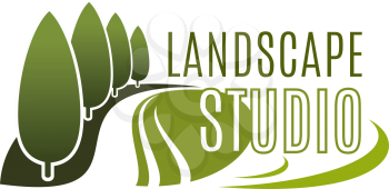Landscape design studio icon of green trees or forest park for horticulture and landscaping service company. Vector template of green parkland or woodlands for eco design and build association