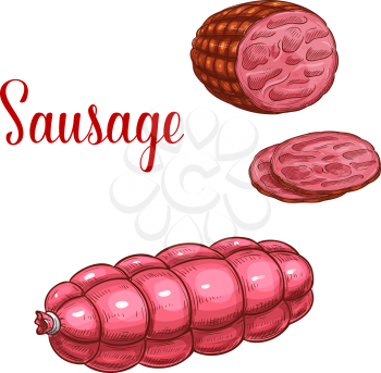 Sausage salami or pepperoni wurst meat delicatessen sketch icon. Vector sliced and whole sausage of pork chorizo or chipolata kielbasa and frankfurter bacon bratwurst for gastronomy shop