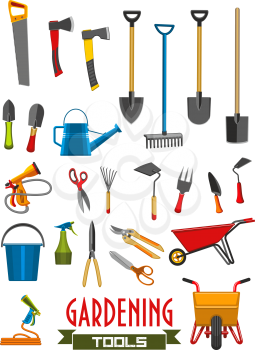 Gardening tools flat isolated icons of farming or farmer garden instruments. Vector set of rake or pitchfork, wheelbarrow and saw or gardening scissors, watering can and spade, planting hoe and ax