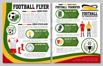 Soccer sport flyer design template for football club tournament game. Vector soccer league players on arena stadium, victory cup and football ball goal or champion prize awards